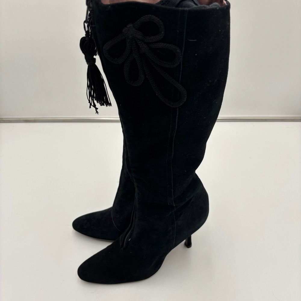 J. Vincent Knee High Boots Black Suede Leather Tassel Tie Heels‎ Womens 8.5
